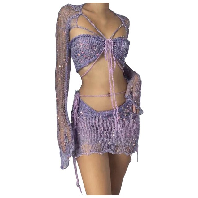 Ensemble Mode Femme Haut Court en Tricot à Manches Longues Jupe 3 Pcs Col Roulé Chandail Côtelé