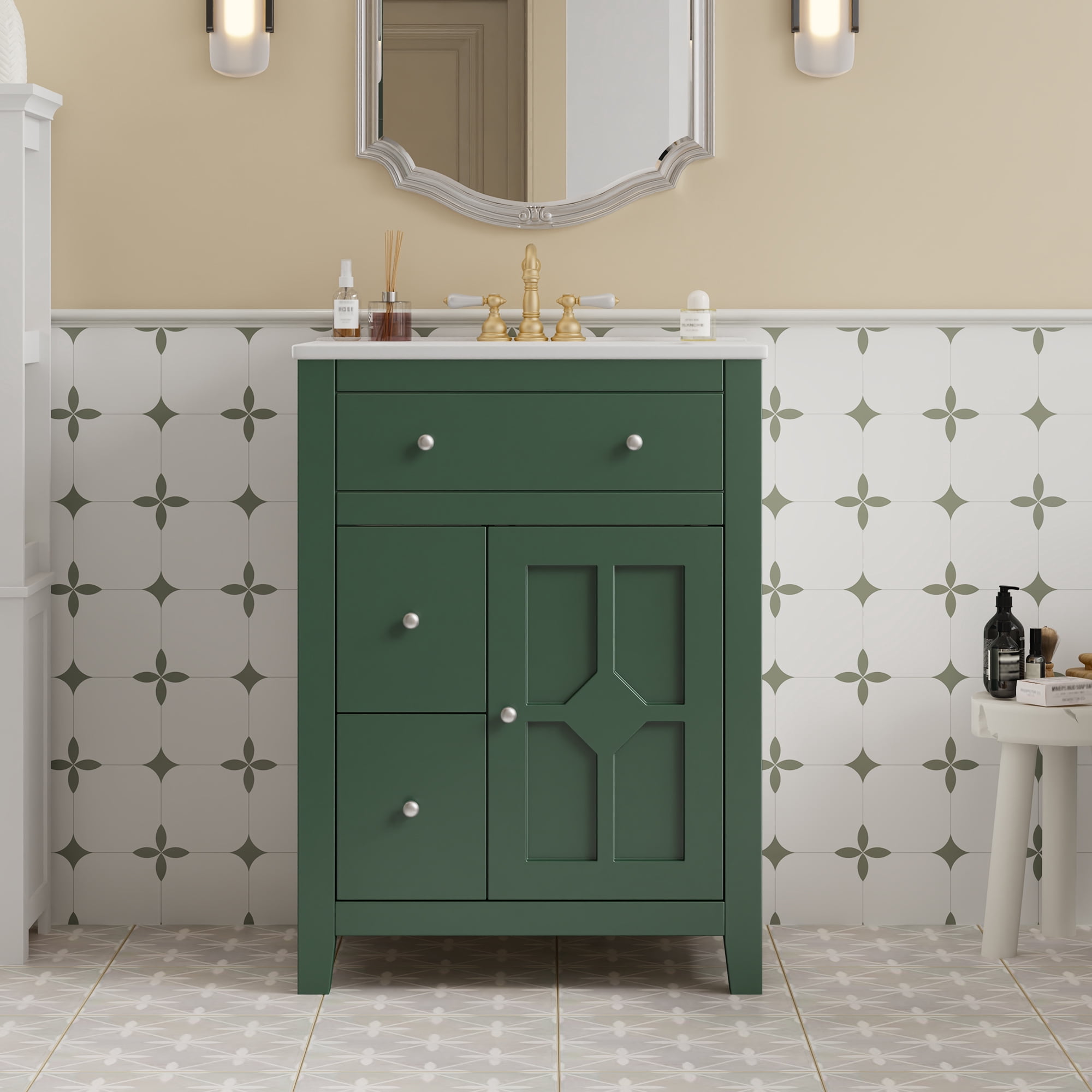 Euroco 24" Modern Bathroom Vanity with Ceramic Basin, Restroom Basin Cabinet with 2 Drawers, Small Bathroom Cabinet with Soft-Closing Door