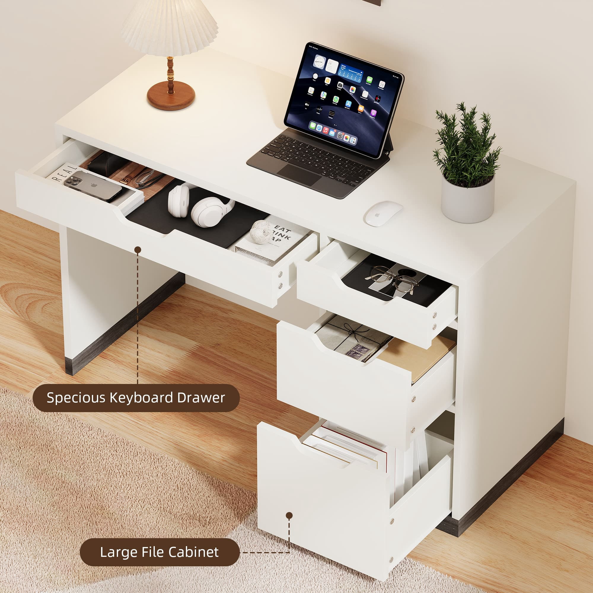 4 EVER WINNER 48"Computer Desk with Drawers, Home Office Writing Desk with Spacious Legroom, Modern Study Desk for Bedroom, Office and Small Spaces,White