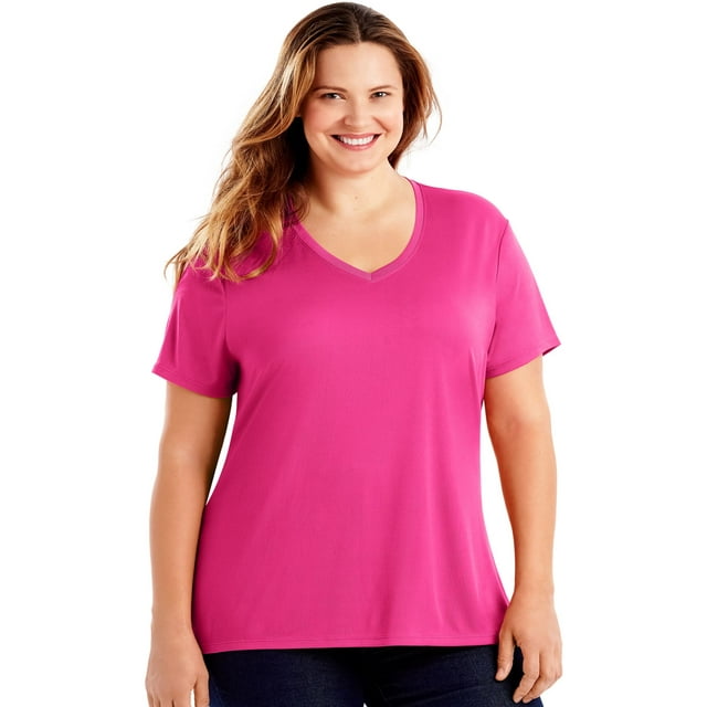 Just My Size T-Shirt à Manches Courtes Col en V pour Femmes Cool DRI, 2X, Fuchsia Vif