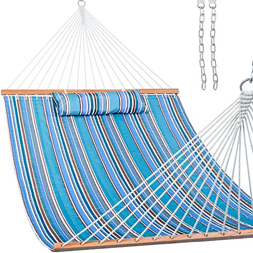 Lazy Daze 12 FT Quilted Fabric Double Hammock with Spreader Bars and Detachable Pillow, 2 Person Hammock for Outdoor Patio Backyard Poolside, 450 LBS Weight Capacity, Peacock Green Stripe