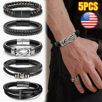 5 PCS Black Leather Bracelets  Cross Leather Bracelet with Multiple Layers of Hand-woven Rope