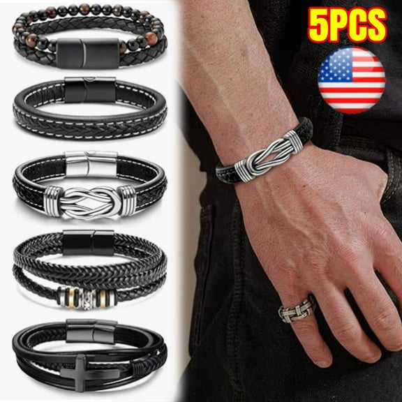 5 PCS Black Leather Bracelets  Cross Leather Bracelet with Multiple Layers of Hand-woven Rope