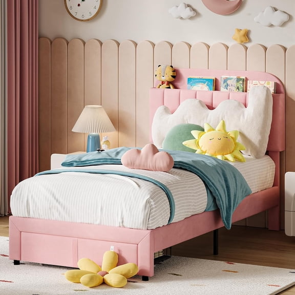 Towallmark Twin Bed Frame with Drawer, Velvet Upholstered Platform Bed Frame with Drawer and Bookcase Headboard, Noise-Free, Easy Assembly, No Box Spring Needed, Light Pink