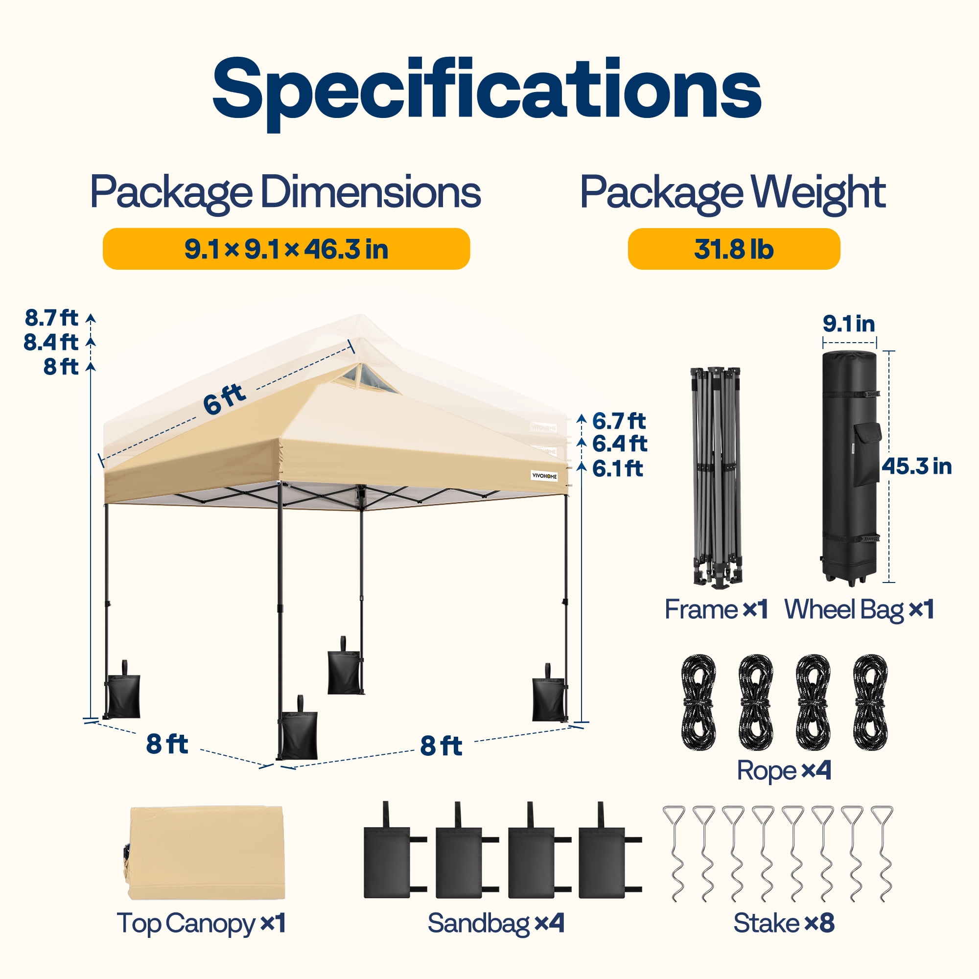 SPECSTAR 8x8ft Pop-up Canopy Tent One Push Setup Instant Tent with Center Lock, Wheel Carry Bag and 4 Sandbags for Events Parties, Beige
