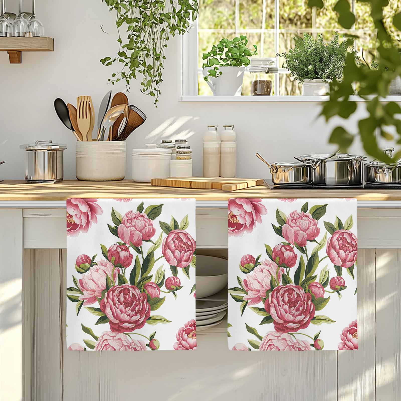 Dish Towels, Pink Rose Floral Absorbent Kitchen Towels 2 PCS, Leaves Flowers Microfiber Hand Towels Dish Cloths Tea Towels for Home&nbsp;Bathroom Cleaning Drying,18X28-Inch,