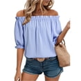 thumbnail image 2 of Off The Shoulder Short Sleeve for Women Summer Blouses Dressy Casual Boho Stretch Tops Sky Blue XL, 2 of 6