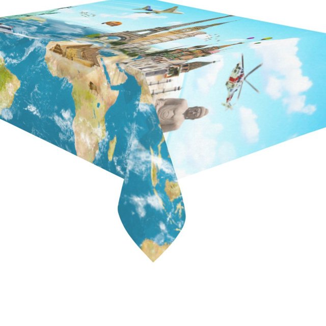 ABPHQTO Bonito juego de manteles con mapa del mundo oceánico, 150x210 cm, monumentos famosos del mundo, funda de tela para mesa de escritorio para decoración de fiestas