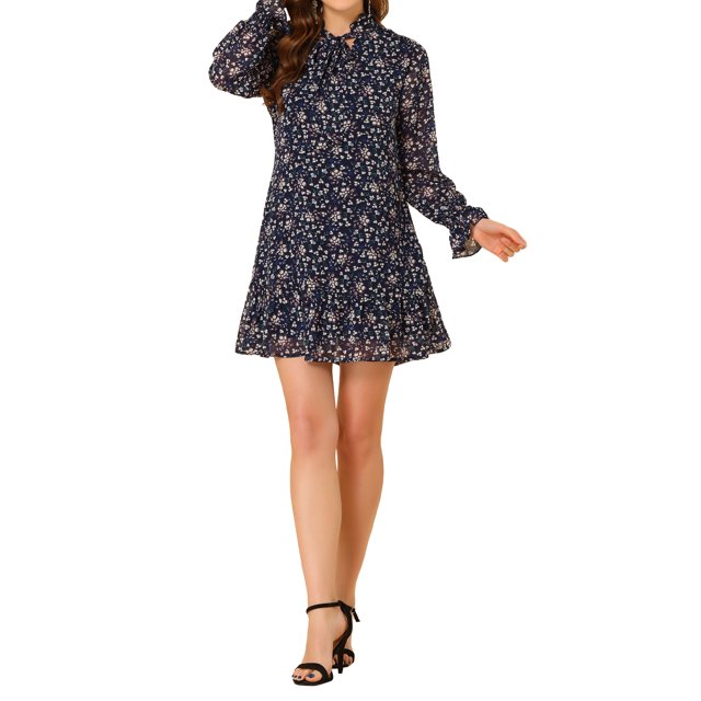 INSPIRE CHIC Robe Droite Décontractée Ample à Volants à Nouer au Cou à Fleurs pour Femme m Bleu Foncé