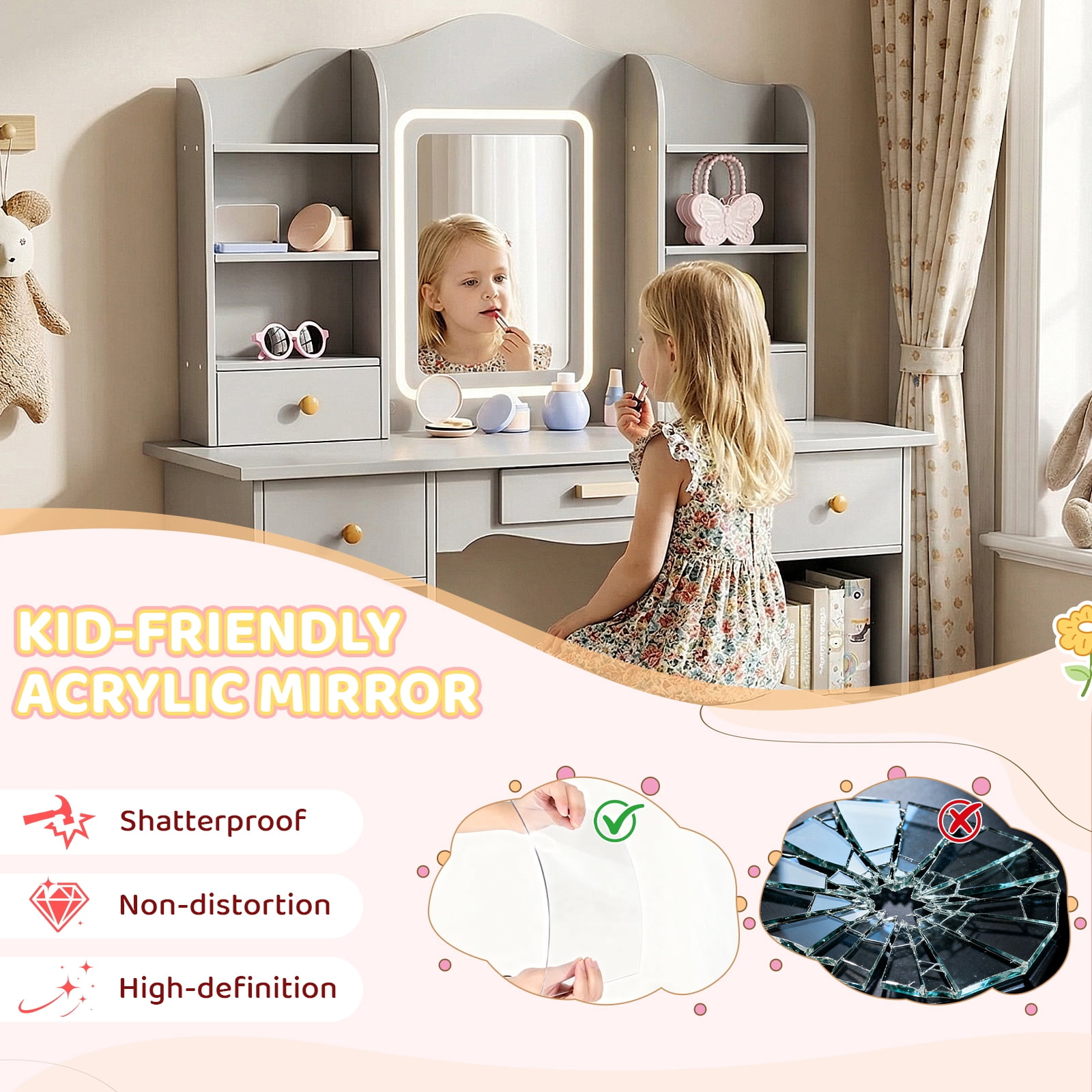 Pirecart Kids Vanity with 3 Color Lights, Girls Vanity Set with Mirror, Storage Drawer, Pretend Play Makeup Desk, with Detachable shelf, Gray