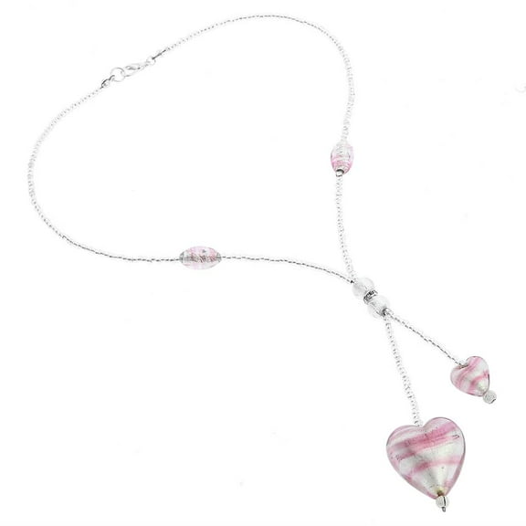 GlassOfVenice Murano Glass Heart Tie Necklace - Striped Silver Pink