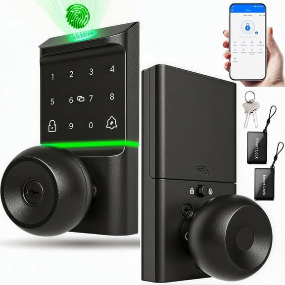 Door Lock,Blacksmith Smart Door Lock with Handle and 5 Ways Quick Unlock,Fingerprint Door Lock,Electronic Door Lock for Front/InteriorDoor,Black