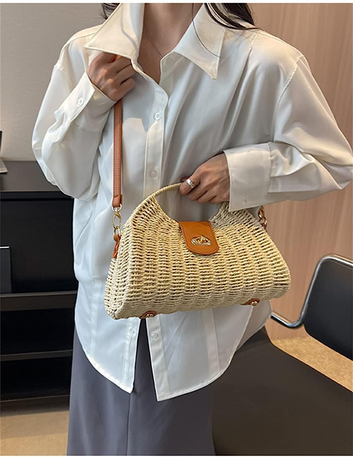 Kukuzhu Straw Handbags Women Summer Beach Tote Bag Hand Purse Vintage Wicker Woven Basket Boho Rattan Clutch Crossbody Shoulder Bag
