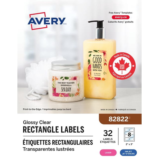 Avery 82822 Glossy Clear Rectangle Labels, 2" x 3", Permanent Adhesive for Laser and Inkjet Printers, 8 labels/sheet, 4 sheets/pack