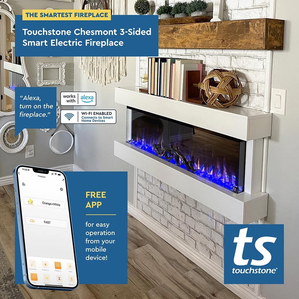 Touchstone Chesmont Wall Mount Smart Electric Fireplace - 50" Wide White Mantel