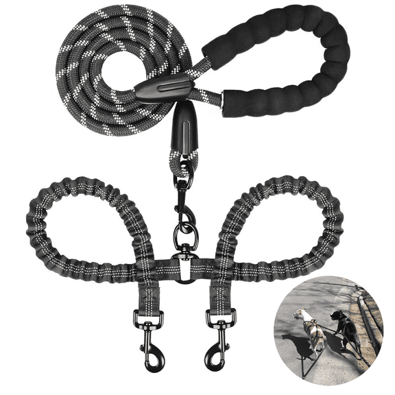 Prichor Dual Dog Leash with 360 Swivel No-Tangle Design and Shock-Absorbing Bungee, for Two Large Dogs 25-150 lbs, Black