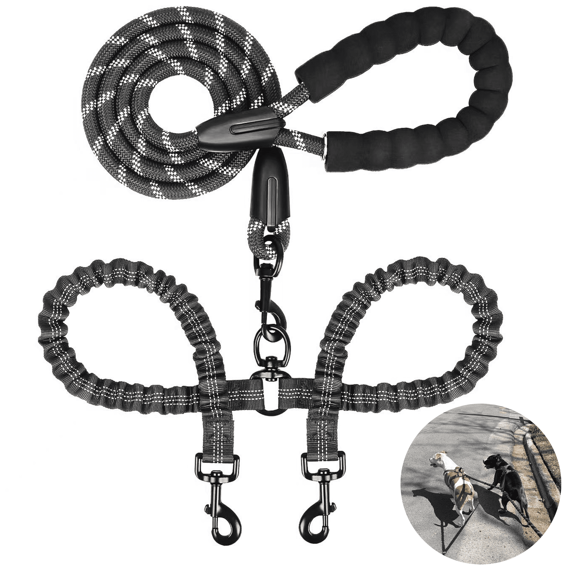 Prichor Dual Dog Leash with 360 Swivel No-Tangle Design and Shock-Absorbing Bungee for Two Large Dogs 25-150 lbs Black