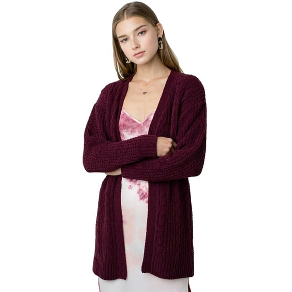 BodiLover, Women's, Chunky Cable Knit Open Front Sweater Cardigan, Wine, L