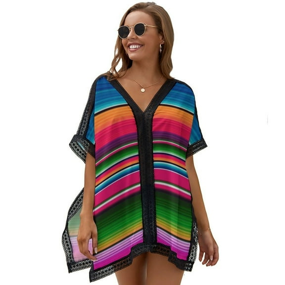 Mexican Blanket Striped Fiesta Serape Beach Cover Ups for Women Bathing Suit Cover Up Lace Bikini Swimsuit Coverup Beach Dress Shirt One Size