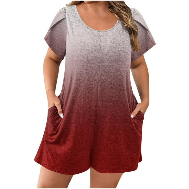 Économies d'Été! SROBPTY Combinaisons pour Femmes, Mode Col Rond Court Grande Taille Manches Bouffantes Poches Imprimées Combinaison Décontractée Tendance Vin, TG