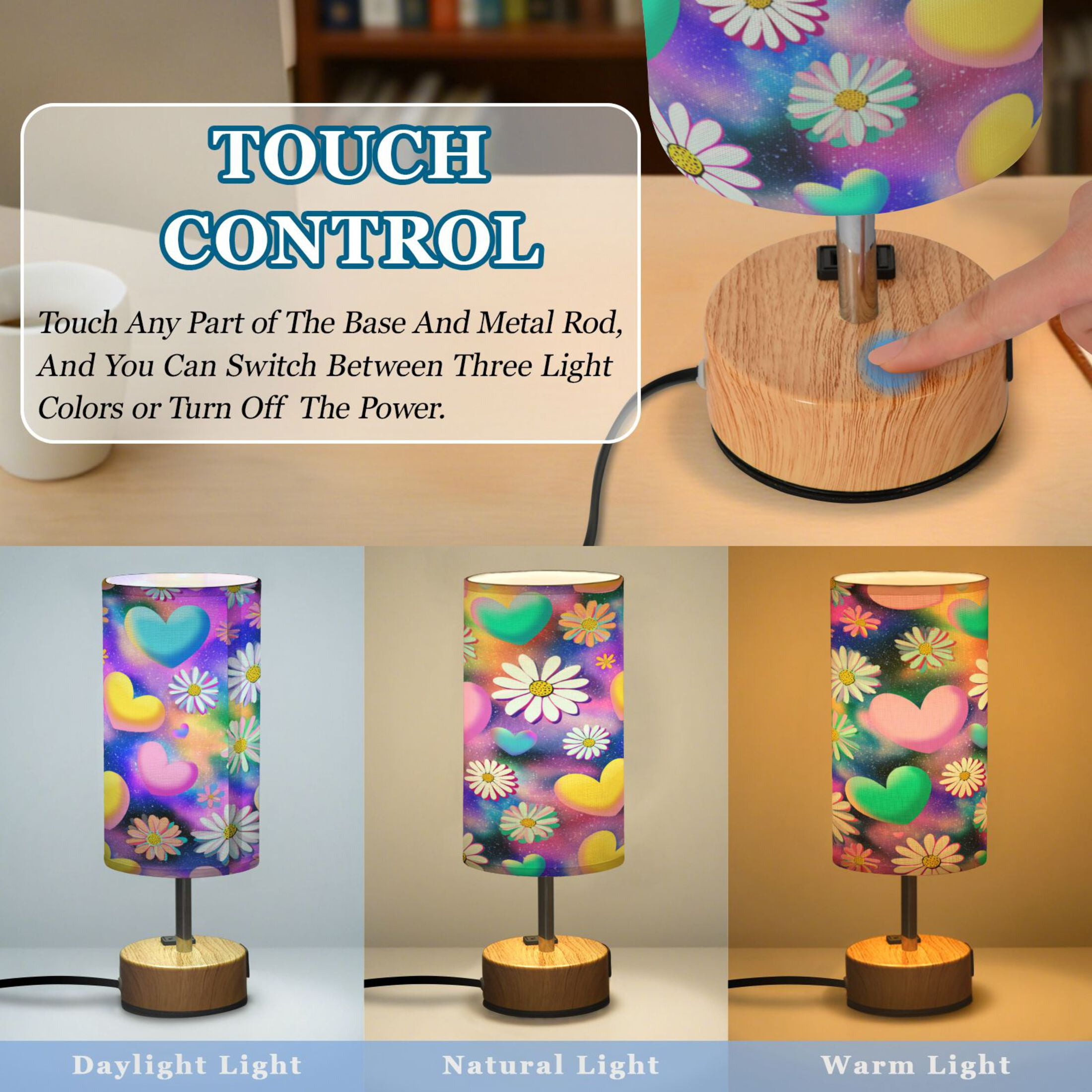 Touch-Control 3-Color Desk Lamp with Plug – Energy-Saving LED + 3 Simultaneous Charging Ports Kawaii Daisy Pop Art