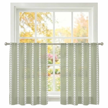 Green Leaf Stripes Sheer Curtains 45 Inches Long 2 Panels Country Farmhouse Minimalist Vertical Stripes Lines Semi Sheer Rod Pocket Window Curtains Light Filtering Drapes for Living Room Bedroom
