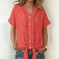 thumbnail image 2 of Staron Summer Casual Blouse for Women Vintage Lace V-Neck Button Down Shirt Loose Flowy Short Sleeve Top with Tie Strap, Watermelon Red XXL, 2 of 7