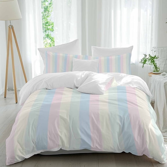 3 Piece Colorful Striped Duvet Cover Set California King, Microfiber Comforter/Quilt Cover with Corner Ties and 2 Pillowcases, Rainbow Color Stripes All Season Soft Bedding with Zipper Closure