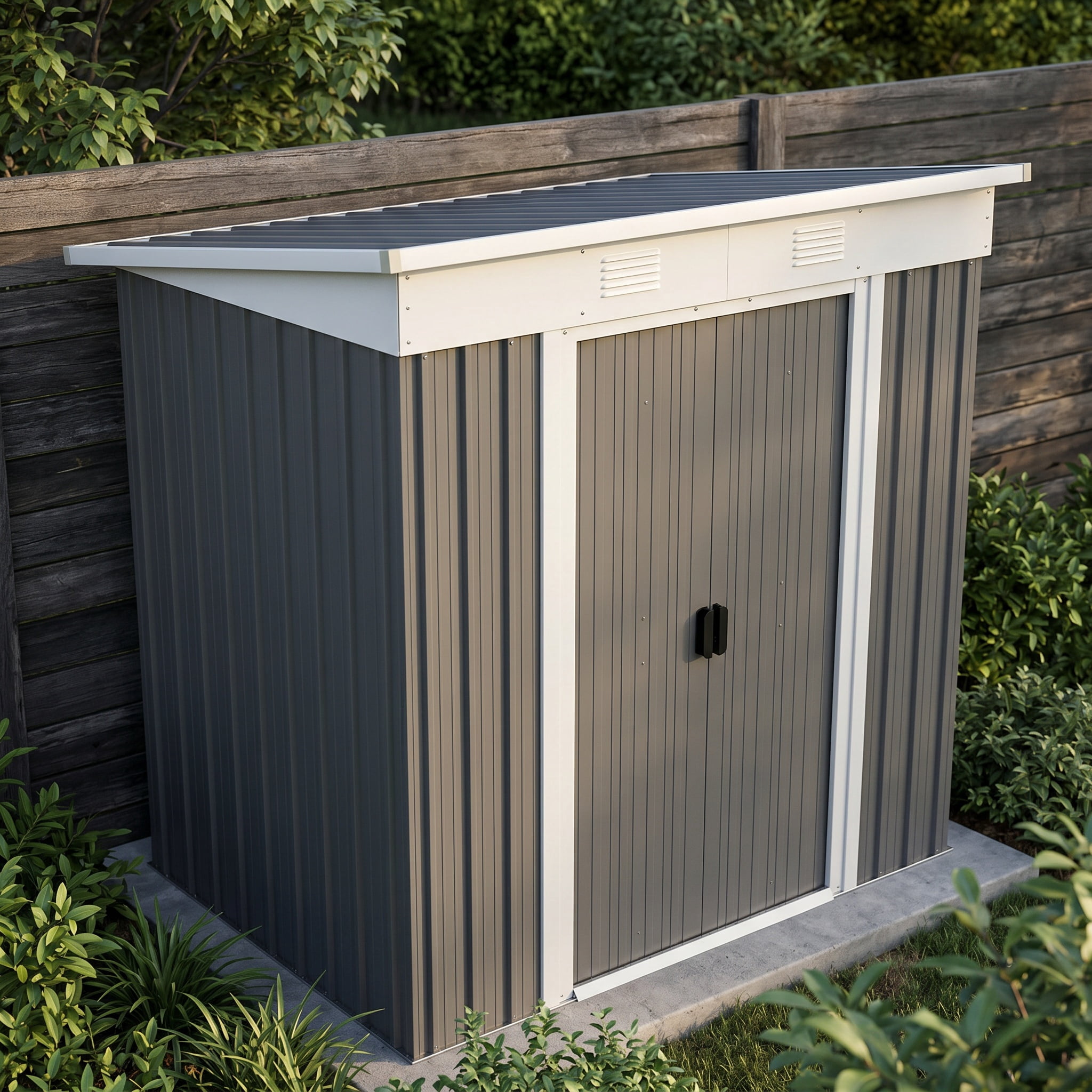 Zateety 6' X 4' Metal Lean To Garden Shed, Outdoor Storage Shed, Garden Tool House with Double Sliding Doors, 2 Air Vents for Backyard, Patio, Lawn, Gray