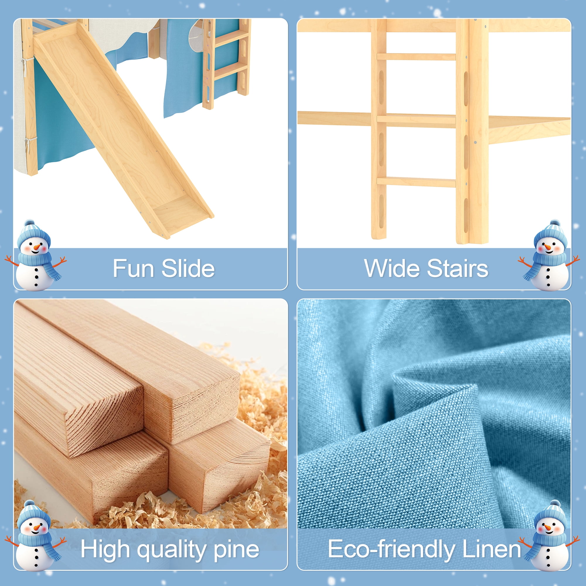 Aukfa Twin Size Loft Bed with Slide, Tent, Sills & LED Lights, Solid Wood House Loft Bed for Kids, Blue