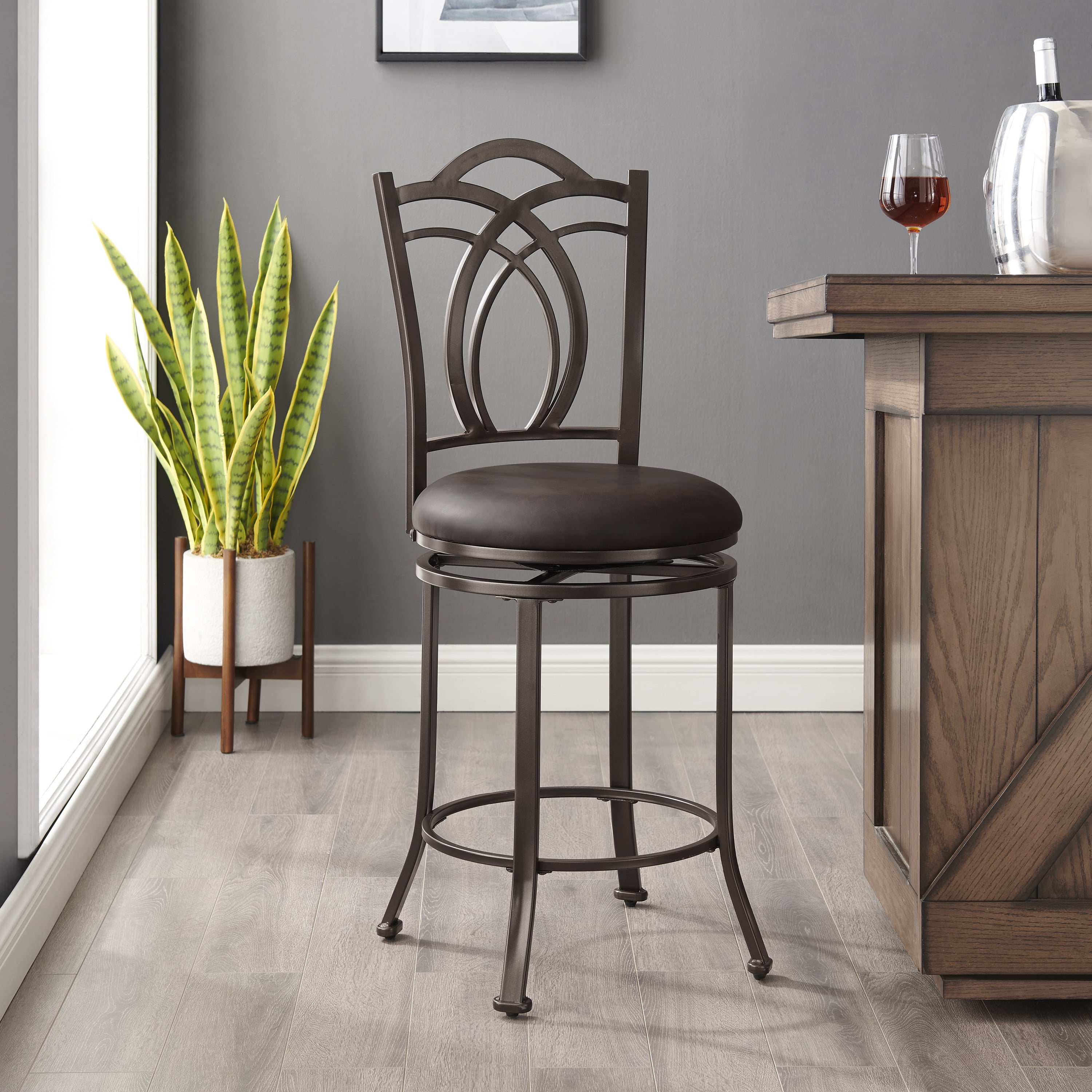 Linon Mokena 24" Round High Back Counter Stool, Coffee Brown/Coffee Faux Leather