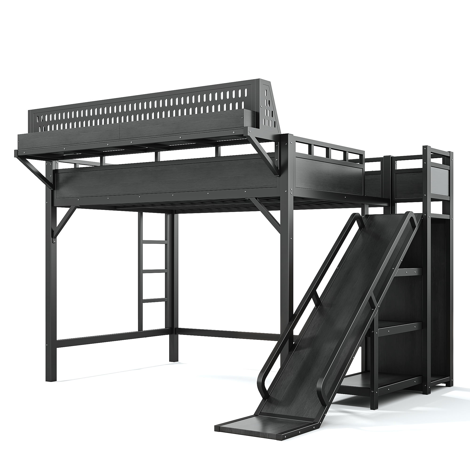 Full Size Metal Loft Bed with Slide and Storage Shelves, Built-in Wardrobe and USB Ports with LED Lights for Kids, Black