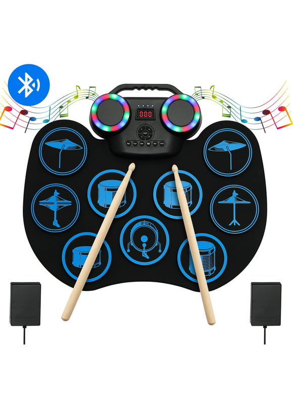 SULOBOM Electronic Drum Set, Portable Electronic Drum Kit, Roll-Up Electronic Drum Pad with Bluetooth & LED Light, Built-in Dual Stereo Speakers, Holiday Birthday Gift for Kids Adults