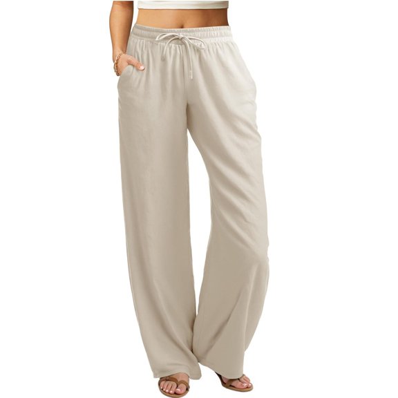Linen Pants for Women High Waist Drawstring Lounge Pant Summer Boho Straight Casual Trousers with Pockets, 2XL