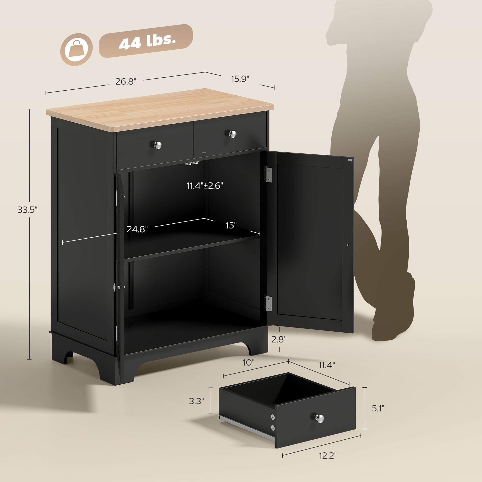 HOMCOM Kitchen Storage Cabinet, Sideboard Floor Cupboard with Solid Wood Top, Adjustable Shelf, and 2 Drawers for Living Room, Black