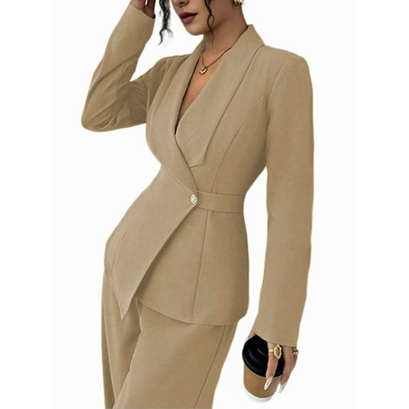 Women'S Long Sleeve Blazer and Straight Leg Pants Two Piece Set Elegant Office Formal Suit Outfit Khaki S