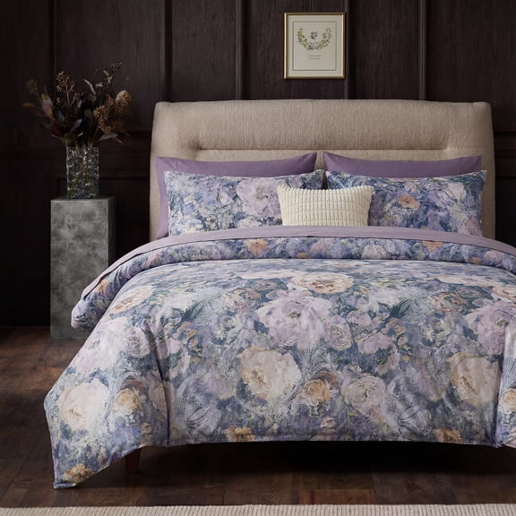 100% Cotton Duvet Cover – Purple Vintage Floral Duvet Cover Set with Zipper Closure & Corner Ties, 3-Piece Luxury & Silky Soft Bedding Set for All Seasons
