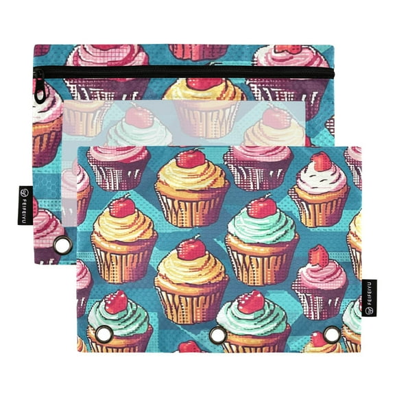 Cake with Fruits 2 Pack Pencil Pouch for 3 Ring Binder Smooth Zipper Folders with Pockets Clear Window Pencil Case