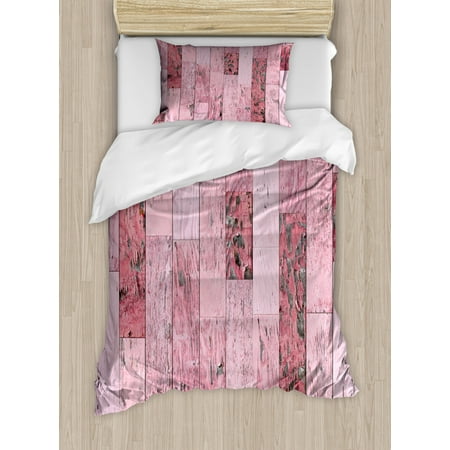 Wood Print Twin Size Duvet Cover Set Pastel Pink Rustic Planks