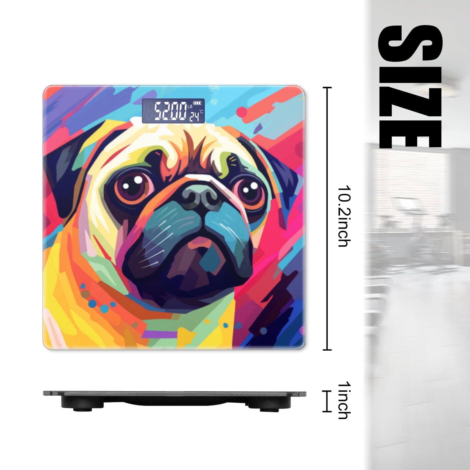 Bathroom Scale, Highly Accurate Digital Body Scale,Precisely Measures Weight up to 400 lbs-Cute Pug Dog With Colorful Background
