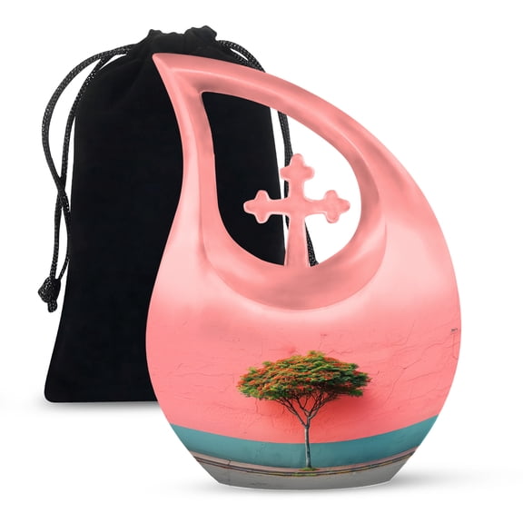 MUKTIVE Tree Cremation Urns for Adult Male - Large Red Funeral Urn for Ashes for Women - Decorative Cross Drop Burial Urn for Loss of Mom - Memorial Urns for Human Ashes - 10 Inch