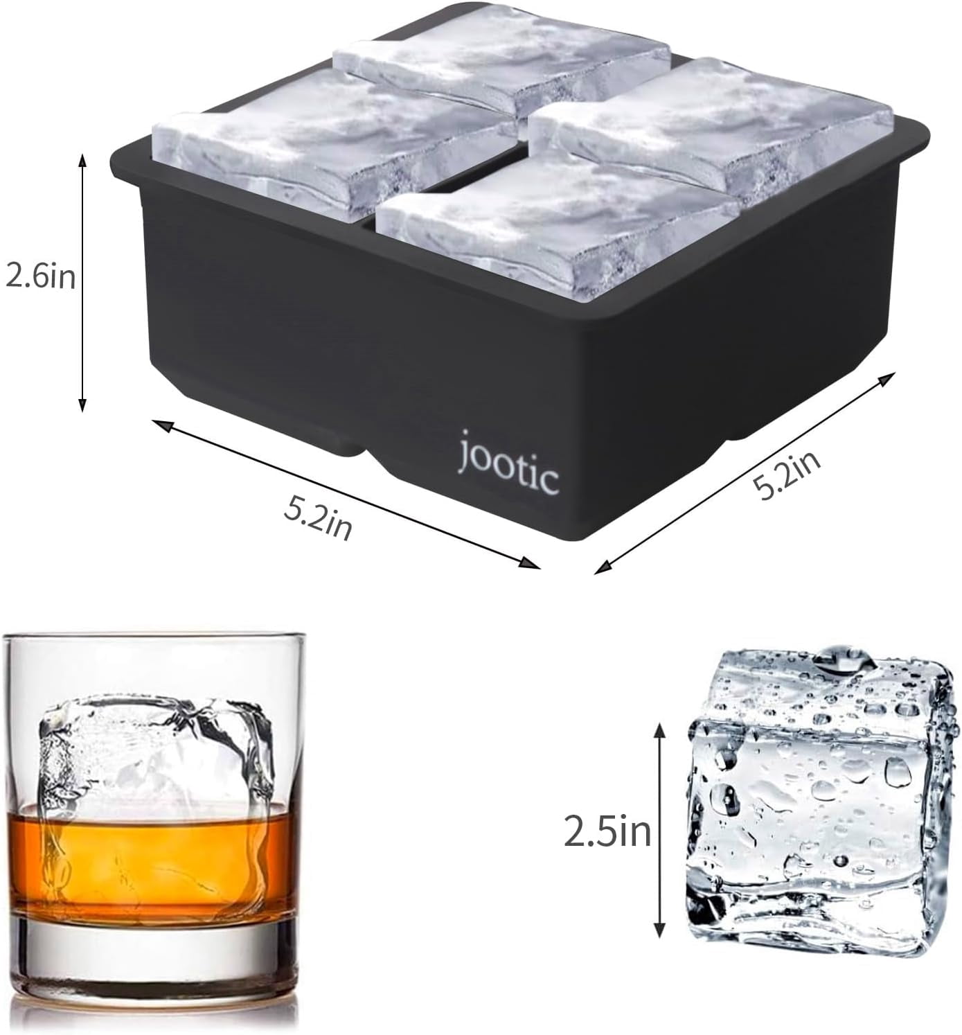 Large Ice Cube Trays Silicone (2.5-Inches) - Large Ice Tray Molds for making 4 Giant Ice Cubes for Whiskey (black 2 pack)