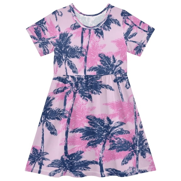 Girls Short Sleeve A-Line Dress Navy Blue Palm Tree Play Dress Sizes 2T