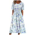 thumbnail image 2 of Robes Midi pour Femmes Été Décontractées Amples Bohèmes à Imprimé Floral Col Ras du Cou Manches Courtes Longueur Genou Robe Froncée avec Poches, 2 of 5