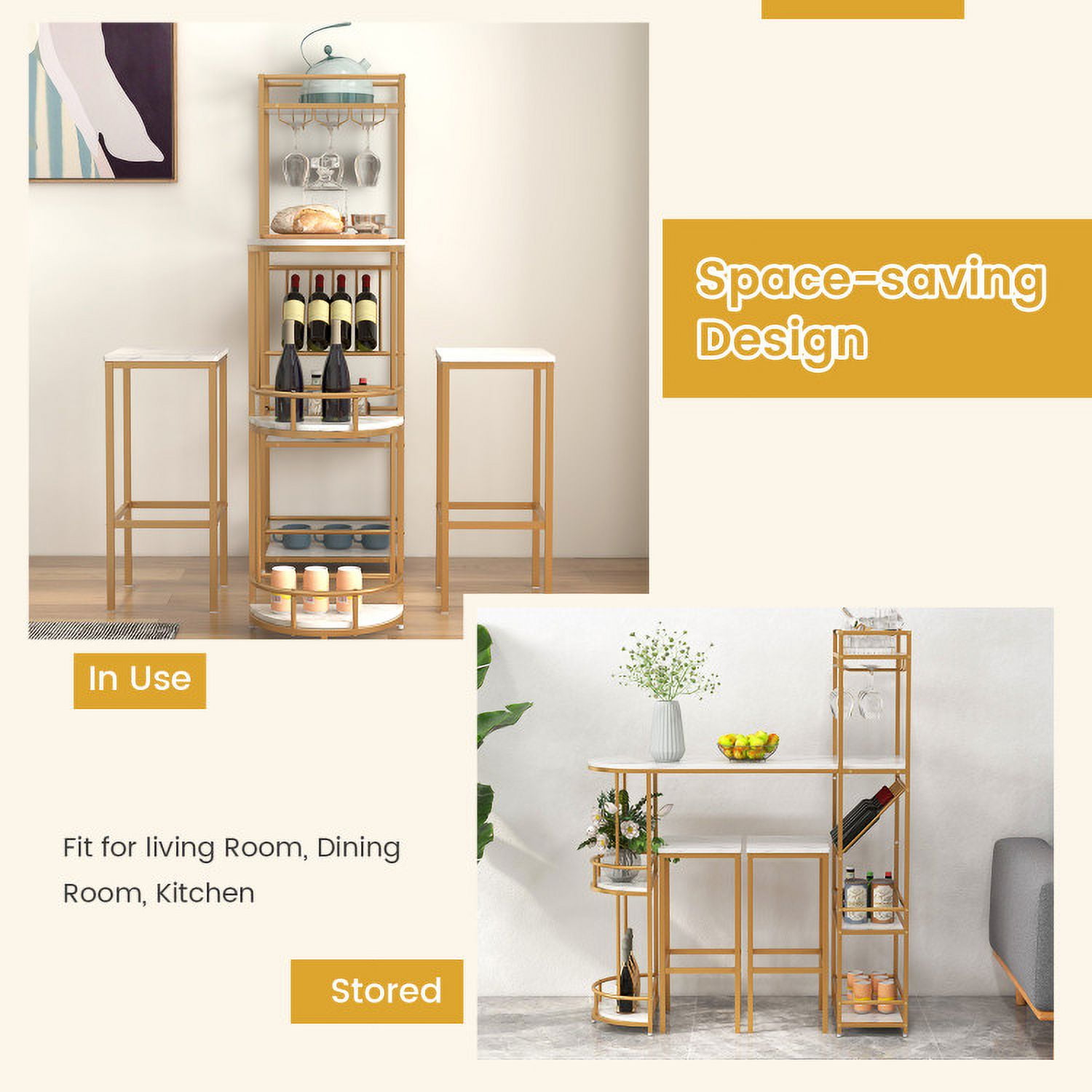 Finihen Dining Set, Dining Table Set, 3 Pieces Bar Table Set with Storage Shelves and Wine Rack, for Home, Restaurant, Golden Finihen Dining Set, Dining Table Set, 3 Pieces Bar Table Set with Storage Shelves and Wine Rack, for Home, Restaurant, Golden