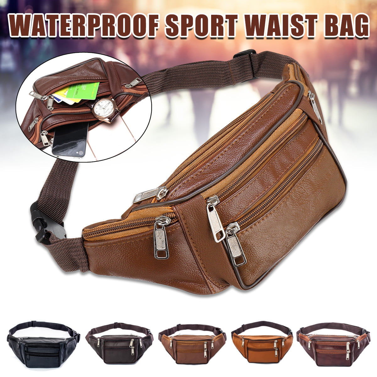 Unisex 5 Pockets Leather Waist Pouch Belt Bum Bag Fanny Pack Travel Sport Hip Purse With Cell ...