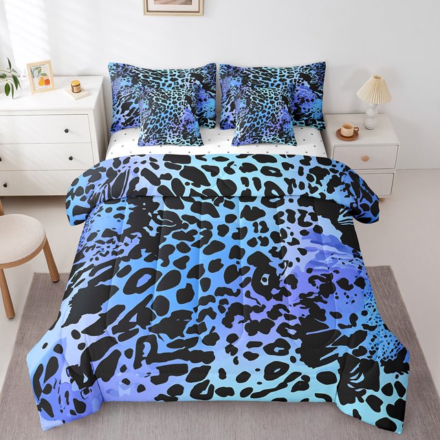 Erosebridal Blue Cheetah Print Bedding Sets Queen Size, Modern Abstract Comforter Sets with Sheets, Leopard Room Decor, 7-Piece