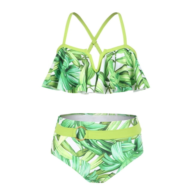 SUNSIOM Mommy and Me Swimsuit, Contrast Color Leaves Print Ruffled Bra with Briefs Family Matching Swimsuit 2-piece Summer Bikini Set