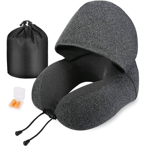 Almohada de espuma viscoelástica para viajes con capucha, almohada portátil de avión para adultos para reposacabezas, soporte para el cuello, coches de oficina, trenes, vuelos largos para dormir
