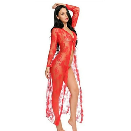 BLTIBY Womens Lingerie V Neck Lace Mesh Babydoll Solid Color Sleepwear Nightgown Long Side Split Sleep Thong Dress Red S